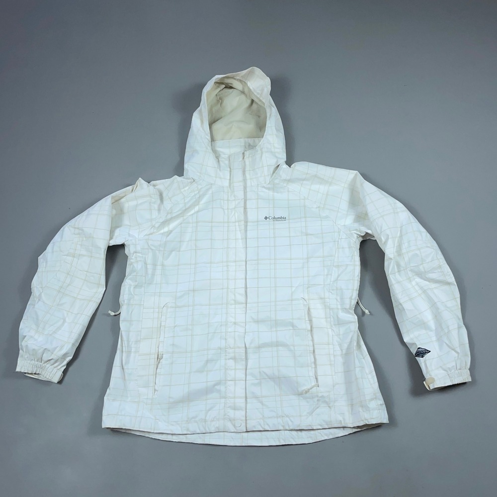 Columbia Titanium Omni-Tech White Grid Rain Jacket Hooded Windbreaker Womens XL